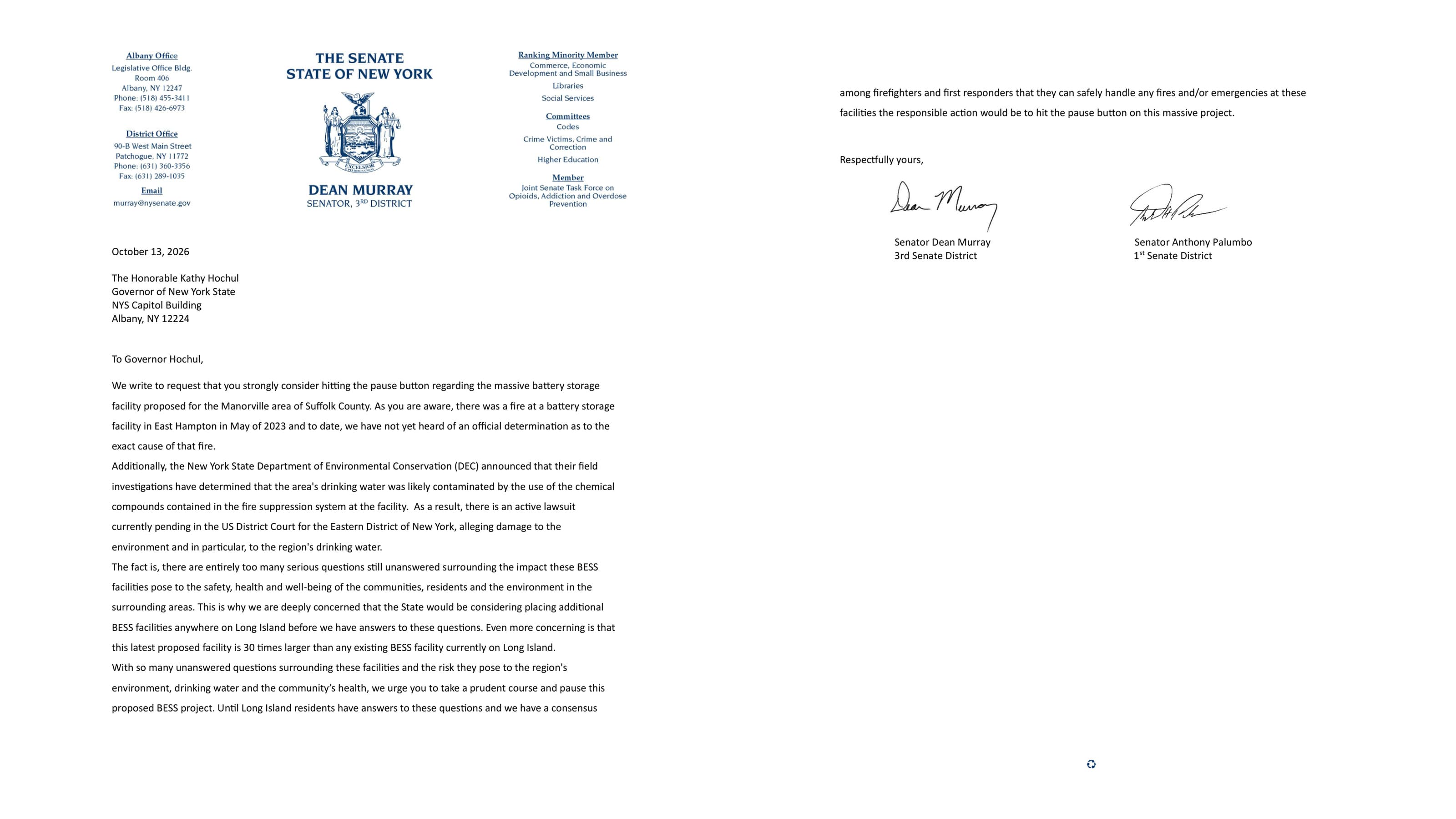 Senators To Hochul: Pull The Plug On Battery Project