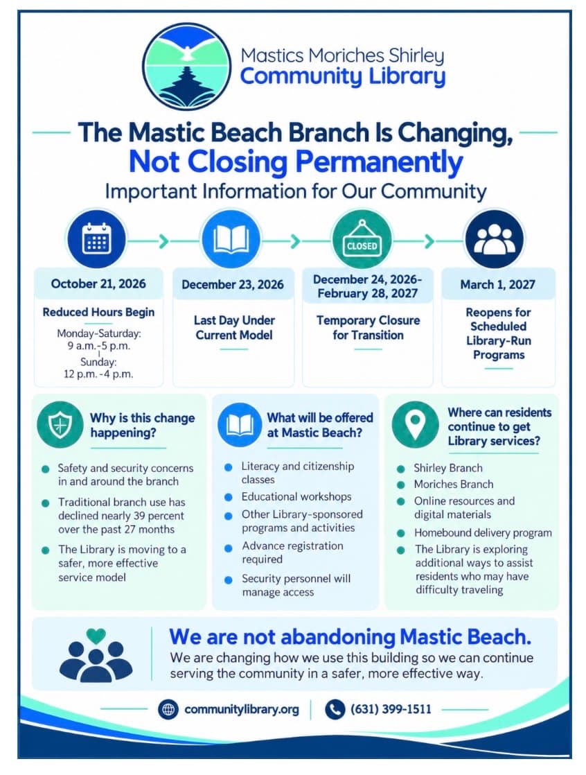 Library Announces New Chapter for Mastic Beach Branch